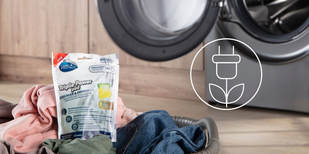 KAPSUŁKI DO CZYSZCZENIA PRALEK I ZMYWAREK CARE+PROTECT TRIPLE POWER CPPPODWMDW ikona ubrania pranie pralka otwarta front zdjęcie lifestyle ochrona osady skuteczne działanie efektywność wysokie poziom