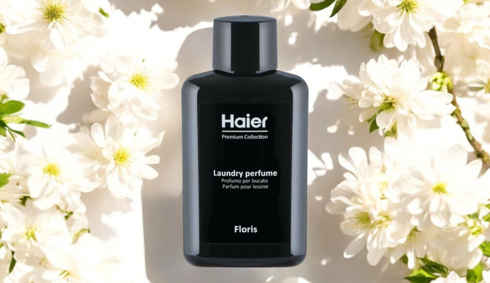 Perfumy do prania HAIER Floris HPCF10 100 ml zdjęcie lifestyle wizualizacja produktu opakowanie butelka front białe kwiaty jasne tło Zmysłowa świeżość prania ananas brzoskwinia bergamotka bez morela irys jaśmin kwiaty Aktywna świeżość nierozpuszczalna formuła stopniowe uwalnianie Skoncentrowana intensywność zmiękczanie tkanin bez plam
