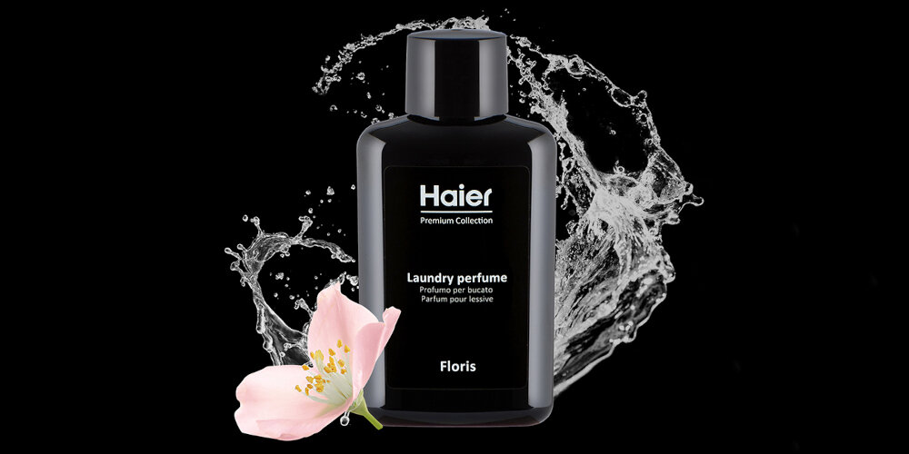 Perfumy do prania HAIER Floris HPCF10 100 ml kwiat czarne tło woda wizualizacja Zmysłowa świeżość prania Orzeźwiająca ananas brzoskwinia bergamotka bez morela irys jaśmin kwiaty