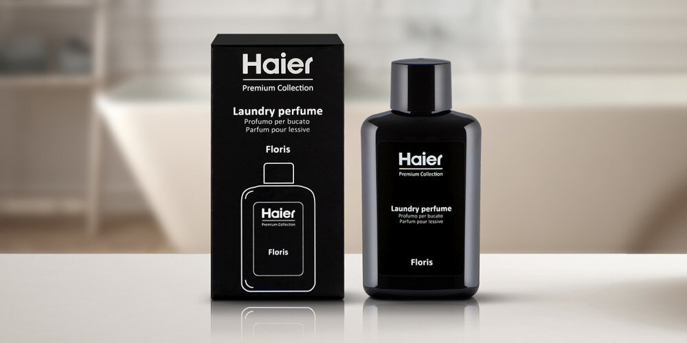 Perfumy do prania HAIER Floris HPCF10 100 ml opakowanie front butelka czarny kartonik Skoncentrowana intensywność zmiękczanie tkanin bez plam
