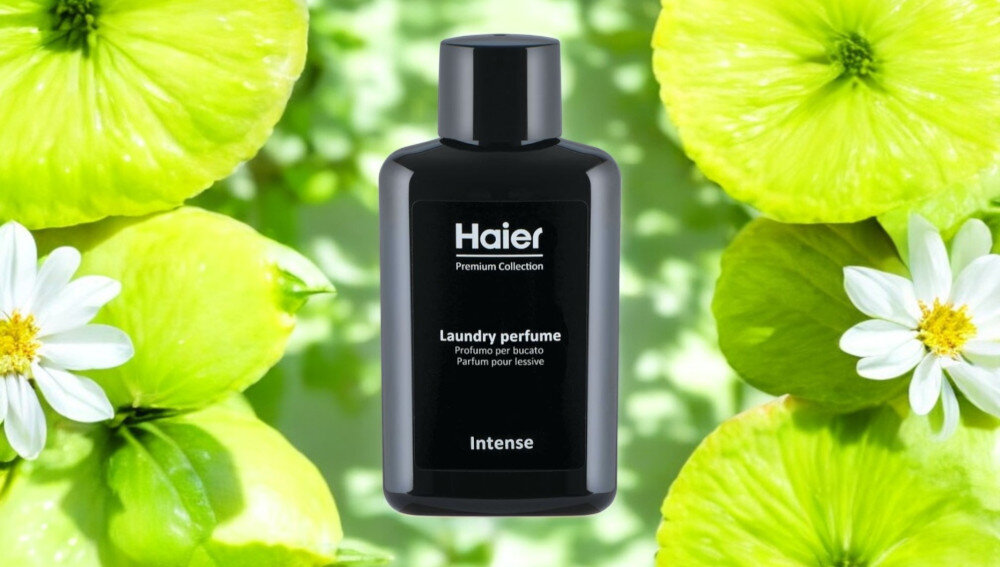 Perfumy do prania HAIER Intense HPCI1040 400 ml zdjęcie lifestyle wizualizacja produktu opakowanie butelka front białe kwiaty jasne tło Zmysłowa świeżość prania mandarynka cytryny bergamotka zamsz fasola gałka muszkatołowa głóg Aktywna świeżość nierozpuszczalna formuła stopniowe uwalnianie Skoncentrowana intensywność zmiękczanie tkanin bez plam