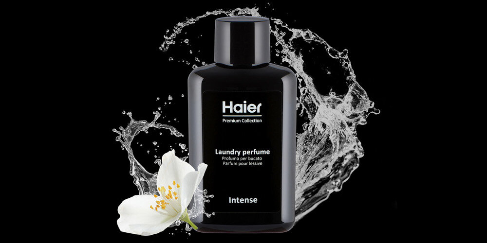 Perfumy do prania HAIER Intense HPCI1040 400 ml kwiat czarne tło woda wizualizacja Zmysłowa mandarynka cytryny bergamotka zamsz fasola gałka muszkatołowa głóg świeżość prania Orzeźwiająca