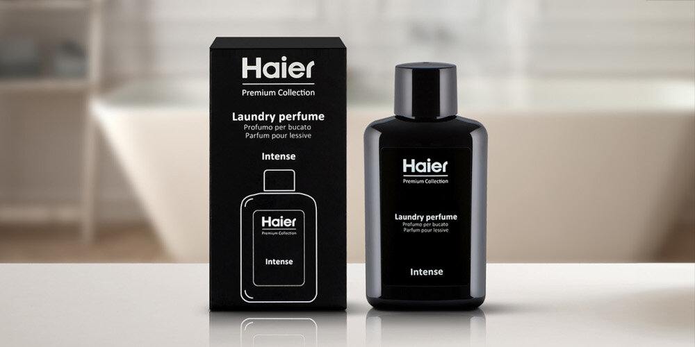Perfumy do prania HAIER Intense HPCI1040 400 ml opakowanie front butelka czarny kartonik Skoncentrowana intensywność zmiękczanie tkanin bez plam