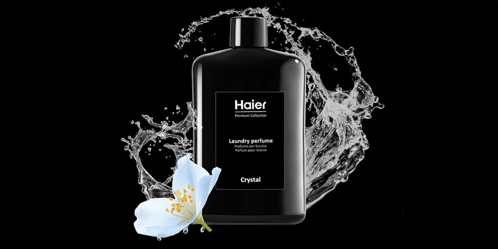 Perfumy do prania HAIER Crystal HPCC1040 400 ml kwiat czarne tło woda wizualizacja Zmysłowa świeżość prania Orzeźwiająca mork bryza soczysta słodka pomarańcza zielone nuty trwałość głębia róża damasceńska białe kwiaty