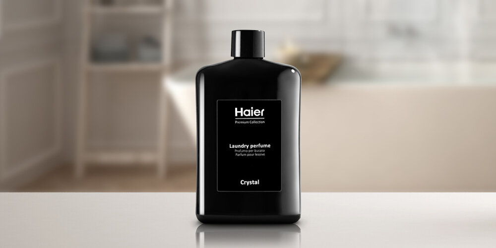 Perfumy do prania HAIER Crystal HPCC1040 400 ml opakowanie front butelka czarny kartonik Skoncentrowana intensywność zmiękczanie tkanin bez plam