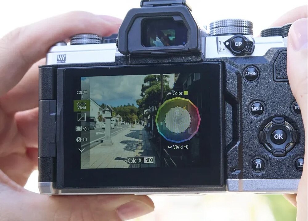 Aparat bezlusterkowy OLYMPUS OM-3 kadr na ekran z ustawieniami kolorów