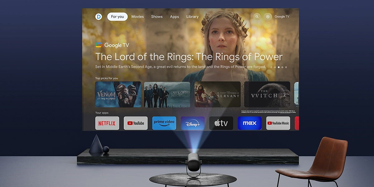 Projektor DANGBEI Freedo Full HD (1920 x 1080), 450 ANSI lumen, Wi-Fi, Bluetooth wyświetlający na ekranie projekcyjnym google tv netflix youtube amazon prime dsney+ apple tv hbo max