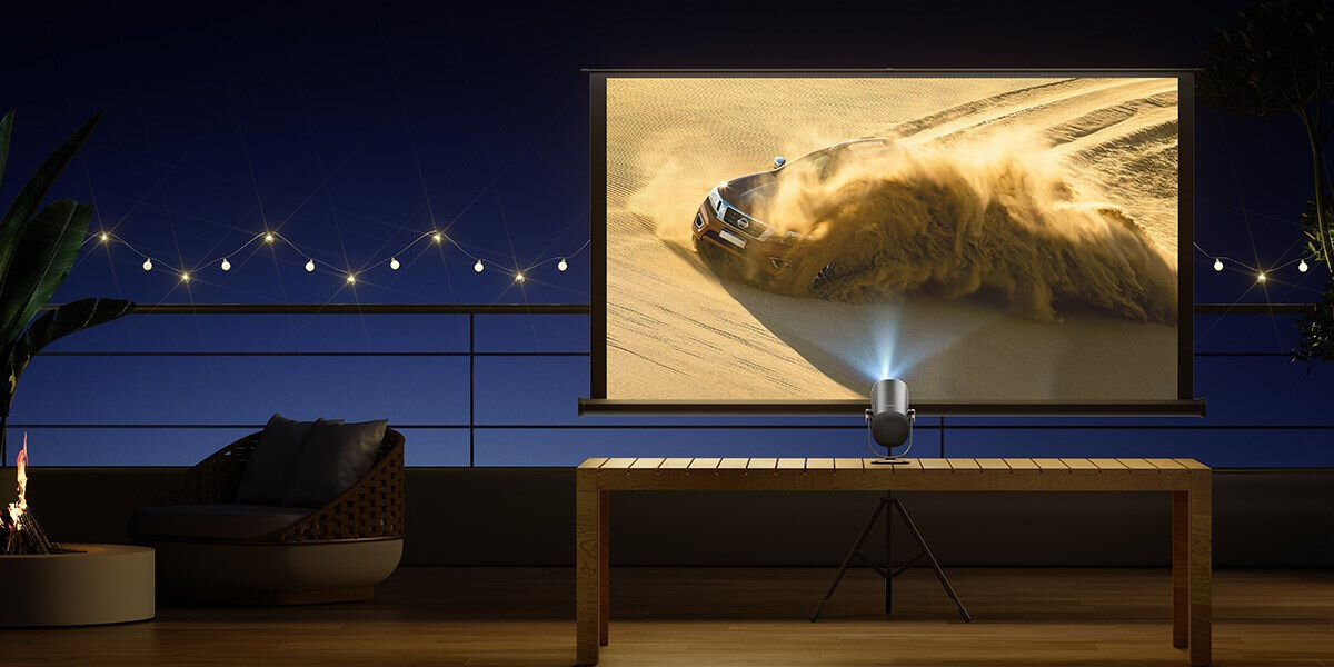 Projektor DANGBEI Freedo Full HD (1920 x 1080), 450 ANSI lumen, Wi-Fi, Bluetooth odtwarzanie filmu na ekranie projekcyjnym na tarasie bateria 60 Wh do 2,5 godziny filmów do 6 godzin muzyki bluetooth ładowanie powerbankiem ładowanie USB-C pyłoszczelny pokrowiec