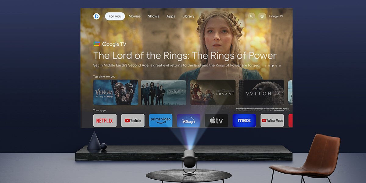 Projektor DANGBEI Freedo Full HD (1920 x 1080), 450 ANSI lumen, Wi-Fi, Bluetooth wyświetlający na ekranie projekcyjnym google tv netflix youtube amazon prime dsney+ apple tv hbo max