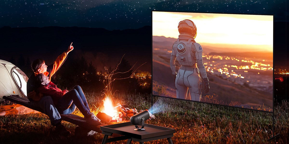 Projektor DANGBEI Freedo Full HD (1920 x 1080), 450 ANSI lumen, Wi-Fi, Bluetooth odtwarzanie na ekranie w plenerze przed namiotem kąt nachylenia 165 stopni unikanie przeszkód dopasowanie ekranu ochrona oczu