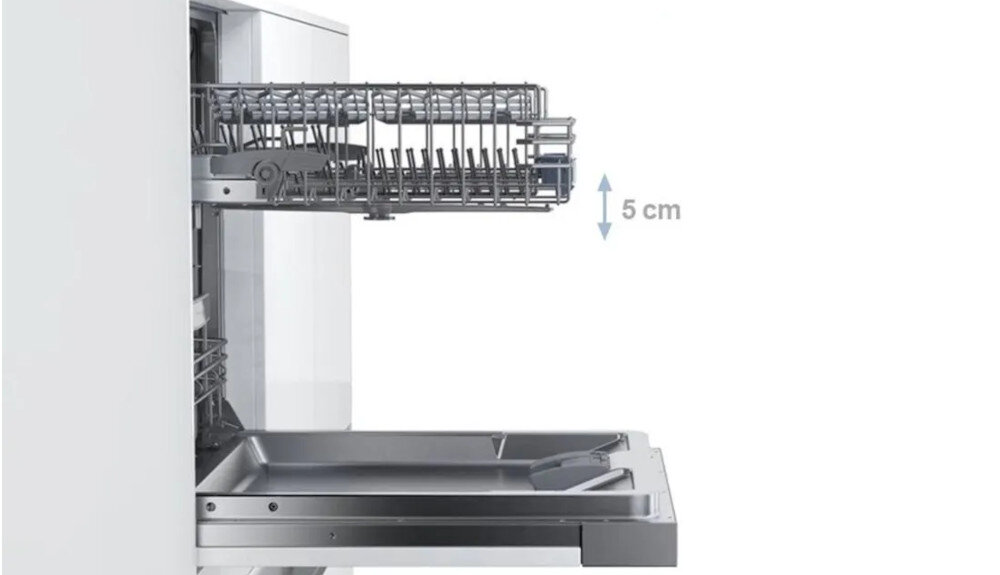 ZMYWARKA BOSCH SMV4ETX08E Regulowany górny kosz z możliwością zmiany wysokości o 5 cm. Zapewnia większą elastyczność załadunku Rackmatic regulacja wysokości kosza regulowany górny kosz wygodny załadunek