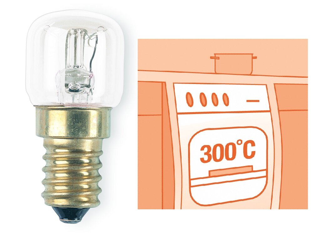 Żarówka tradycyjna OSRAM SPC T Oven CL 15W E14 do pracy w piekarnikach praca w temperaturach do 300°C niezawodne trwale oswietlenie srednica 22 mm dlugosc calkowita 50 mm trzonek E27 prosty szybki montaz