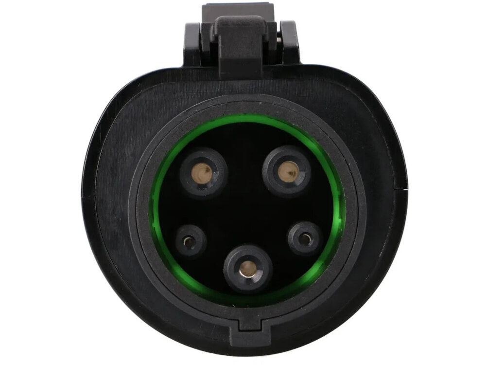 Adapter do ładowarki samochodu elektrycznego EXTRALINK EX.22622 gniazdo Typ 2 - wtyk Typ 1 zbliżenie na złącze wyjściowe białe tło złącze wejściowe Type 2 złącze wyjściowe Type 1 podłączenie pojazdu do stacji spełniających normy IEC 62196-2 i SAE J1772 adapter działa z większością ładowarek spotykanych w Europie duża elastyczność