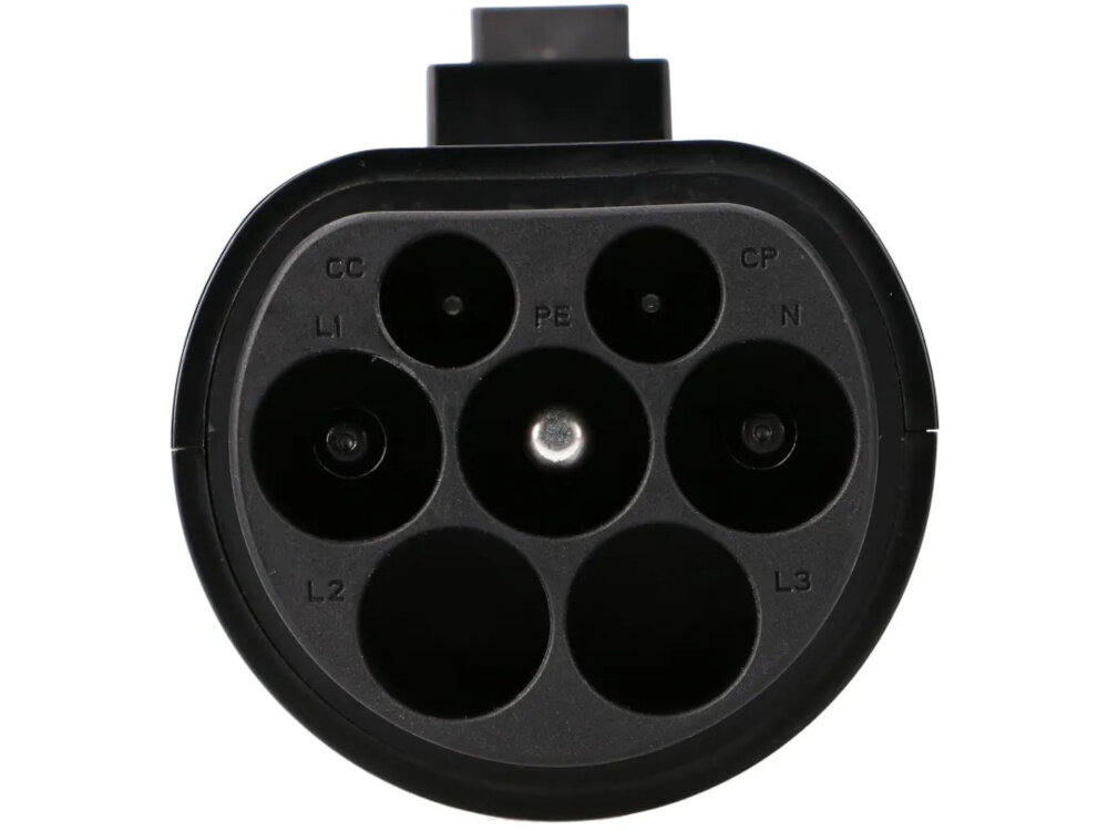 Adapter do ładowarki samochodu elektrycznego EXTRALINK EX.22622 gniazdo Typ 2 - wtyk Typ 1 zbliżenie na złącze wyjściowe układ monitorujący wzrost temperatury terminali i utrzymujący go poniżej 50 K. automatyczna kontrola unika przegrzania niestabilnego przepływu energii bezpieczeństwo ładowania chroni pojazd i adapter