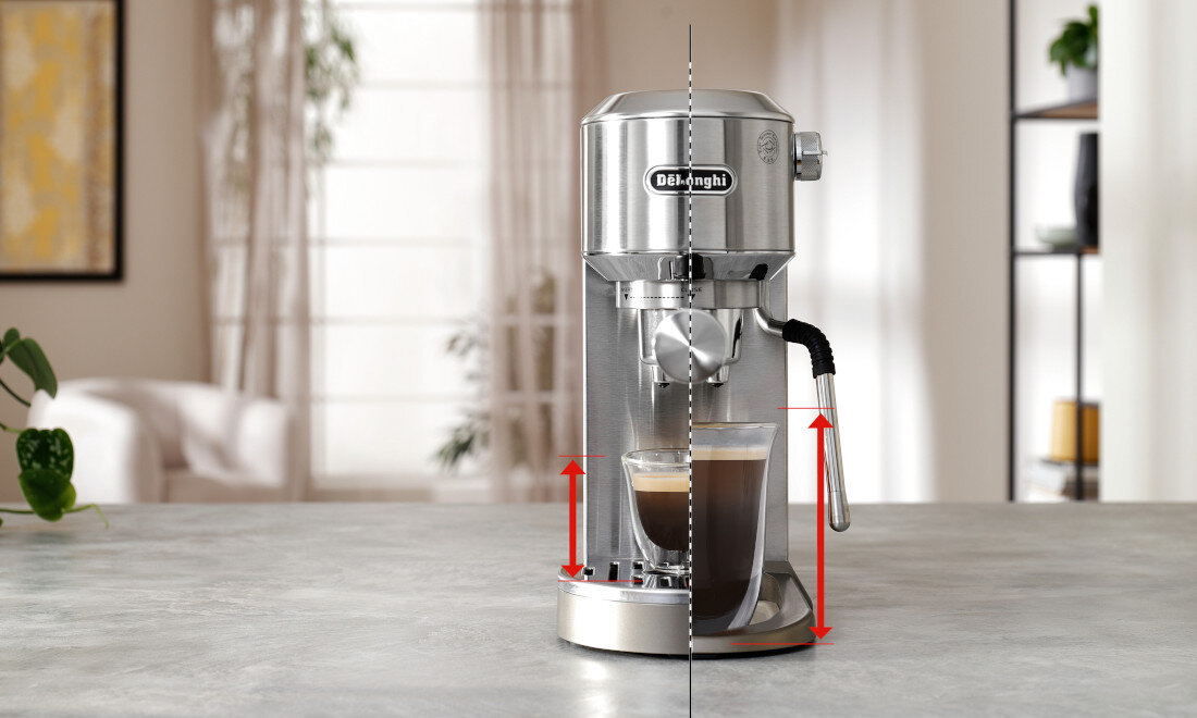 Ekspres DELONGHI Dedica Duo EC890.M (Cold Brew) Kawa w filiżance czy szklance Regulowana tacka ociekowa dostosowuje się do Twoich preferencji