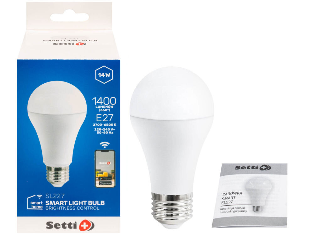 Inteligentna żarówka LED SETTI+ SL227RGB 14W E27 WiFi zestaw opakowanie żarówka instrukcja