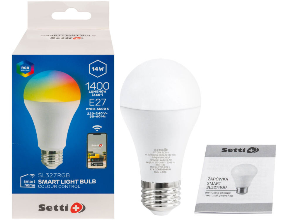Inteligentna żarówka LED SETTI+ SL327RGB 14W E27 Wi-Fi zestaw opakowanie żarówka instrukcja