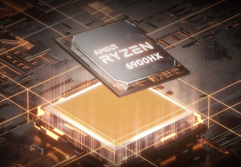 Komputer CHUWI AuBox-P Wizualizacja procesora AMD Ryzen 9 6900HX osadzonego na płycie głównej. Efekty świetlne i siatka układu scalonego, procesor, rdzenie, wydajność, przeznaczenie