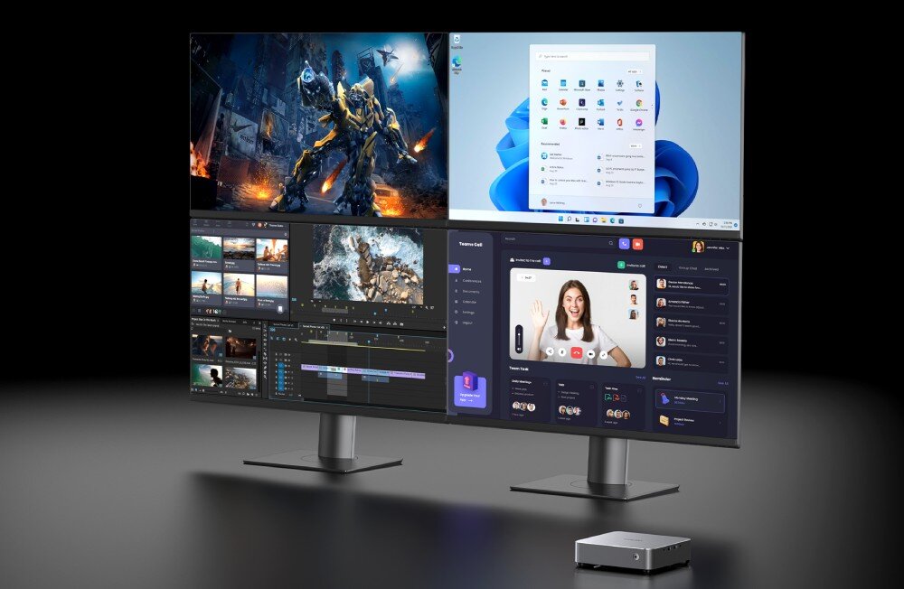 Komputer CHUWI AuBox-P Cztery monitory podłączone do jednego komputera. Na ekranach różne aplikacje – edytor wideo, wideokonferencja, interfejs systemu Windows oraz gra akcji, wyświetlacze, podłączenie, monitory