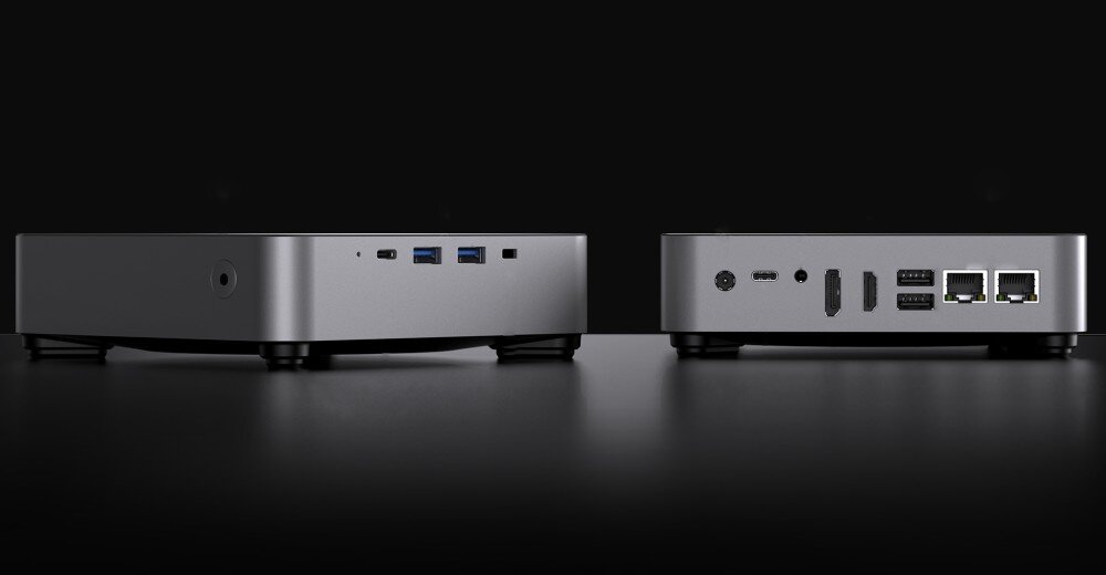 Komputer CHUWI AuBox-P Widok na przedni i tylny panel urządzenia. Wyraźnie widoczne porty USB, HDMI, LAN oraz złącze zasilania, porty, gniazda