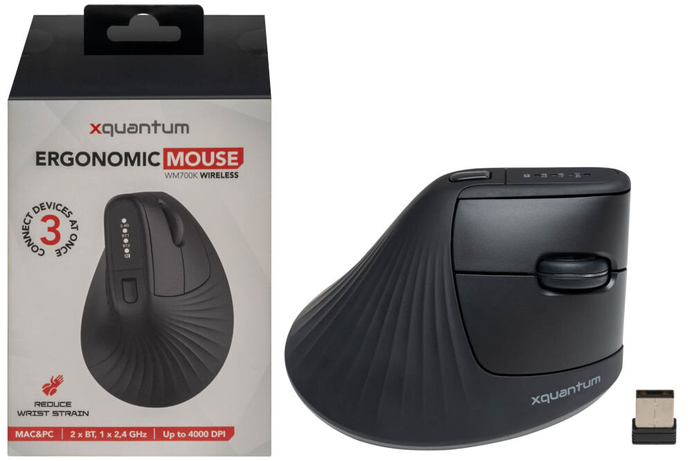 Mysz XQUANTUM WM700K Zestaw produktowy: mysz pionowa XQUANTUM WM700K, odbiornik USB oraz opakowanie z informacją o 4000 DPI i obsłudze 3 urządzeń.