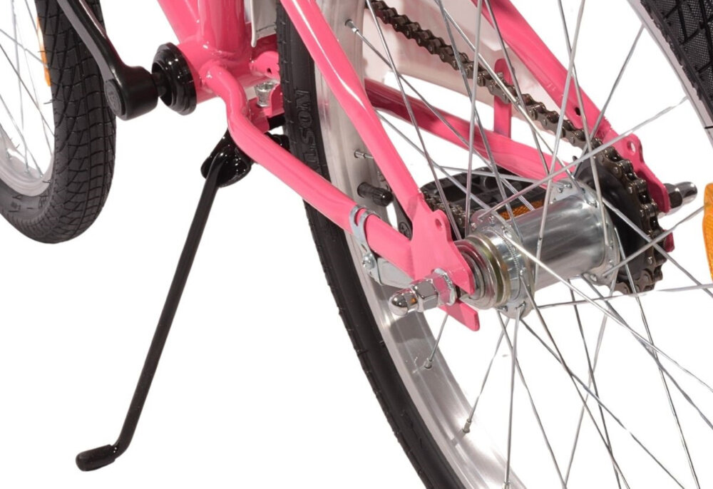 Rower dziecięcy ENERO Lady Rider 20 cali dla dziewczynki Różowo-biały białe tło zbliżenie na stopkę szereg udogodnień stopka w centralnym punkcie ciężkości pojazdu reflektory odblaskowe z przodu, z tyłu i na szprychach roweru dzwonek