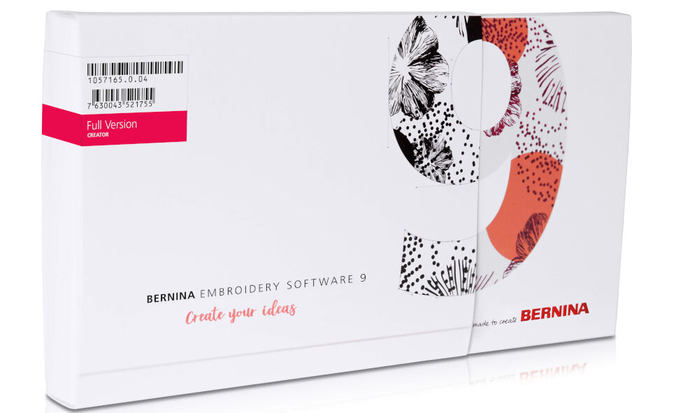 Hafciarka BERNETTE B79 + Program Bernina Creator V9 zdjęcie opakowania w kolorze białym białe tło Bernina Creator do projektowania haftów wszechstronność kreatywny potencjał 384 pliki haftów 60 krojów czcionek 6 wariantów przebiegu ich krzywych 32 podstawowe wzory wypełnień 562 wzory specjalne 9 opcji obrysów 172 pliki Artwork unikatowe precyzyjne projekty haftów pełna swoboda artystyczna