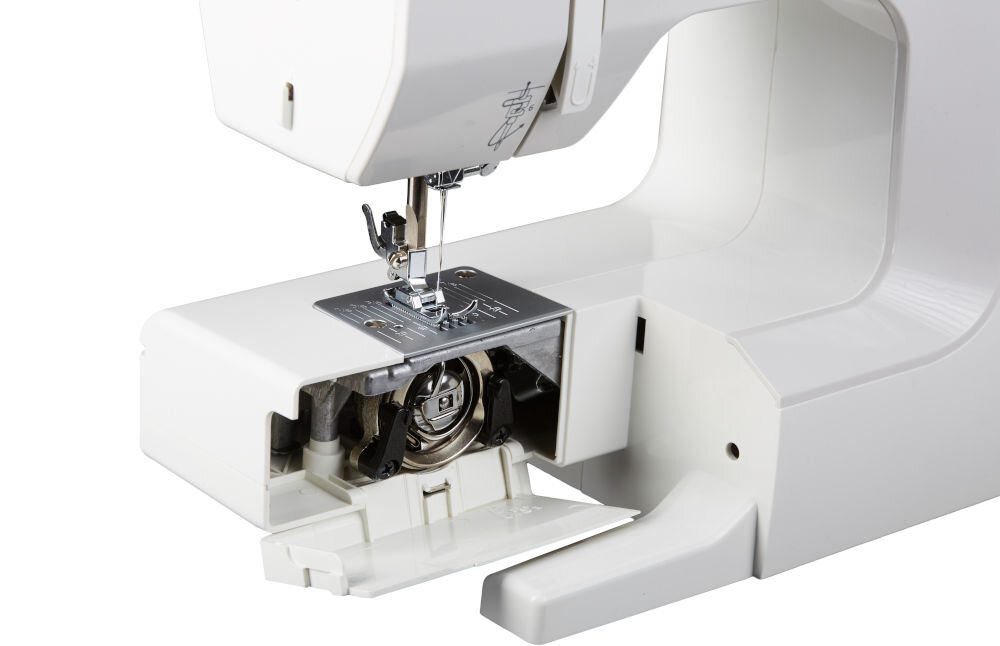 Maszyna do szycia BERNETTE Sew&Go 5 + Zestaw startowy otwarta maszyna stopka igły metalowe podzespoły białe tło z solidnych, metalowych podzespołów trwałość długa żywotność precyzyjny mechanizm płynne działanie optymalna jakość ściegu od delikatnych materiałów po grubsze jakość i precyzja