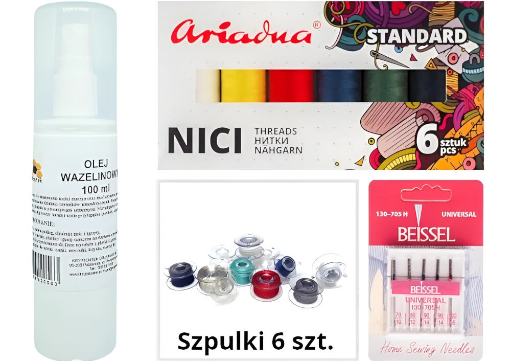 Maszyna do szycia BERNETTE Sew&Go 5 + Zestaw startowy białe tło butelka olej kolorowe nici w opakowaniu igły szpulki uniwersalny zestaw akcesoriów i dodatków komplet sześciu kolorów nici do szycia sześć szpulek pięć igieł o różnych grubościach olej do konserwacji szybkie rozpoczęcie pracy