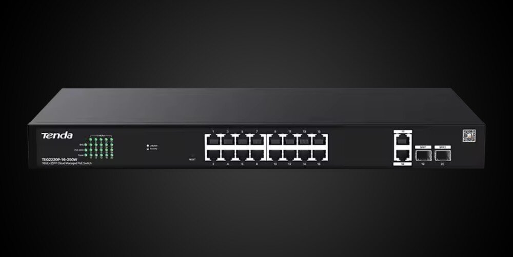 Na czarnym tle widoczny jest czarny switch sieciowy z 20 portami Ethernet. Na urządzeniu znajduje się logo \'Tenda\' oraz napis \'TEG2220P-16-250W\'.