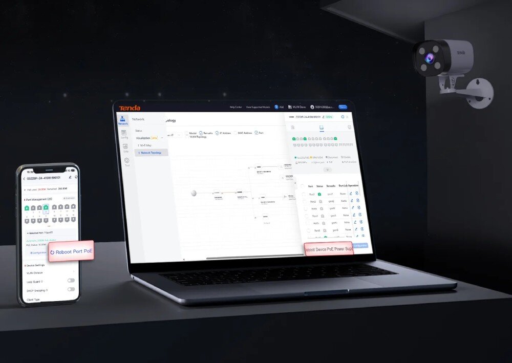 Na obrazie widać laptopa z otwartym interfejsem zarządzania siecią oraz smartfon z aplikacją pokazującą opcję \'Reboot Port PoE\'. W tle znajduje się kamera monitoringu zamontowana na ścianie.