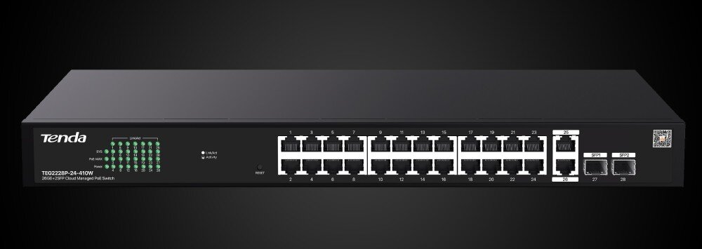 Na obrazie widoczny jest czarny switch sieciowy z 28 portami Ethernet, z logo \'Tenda\' po lewej stronie. Na urządzeniu znajdują się również wskaźniki LED oraz napisy \'TEG2228P-24-410W\' i \'28-Port Gigabit PoE Switch\'.