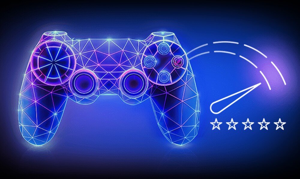 Dysk TOSHIBA Canvio Gaming Futurystyczna, siatkowa ilustracja kontrolera gier na niebieskim tle, po prawej wskaźnik prędkości i pięć pustych gwiazdek pod nim, wymiary,  wielkość, interfejs