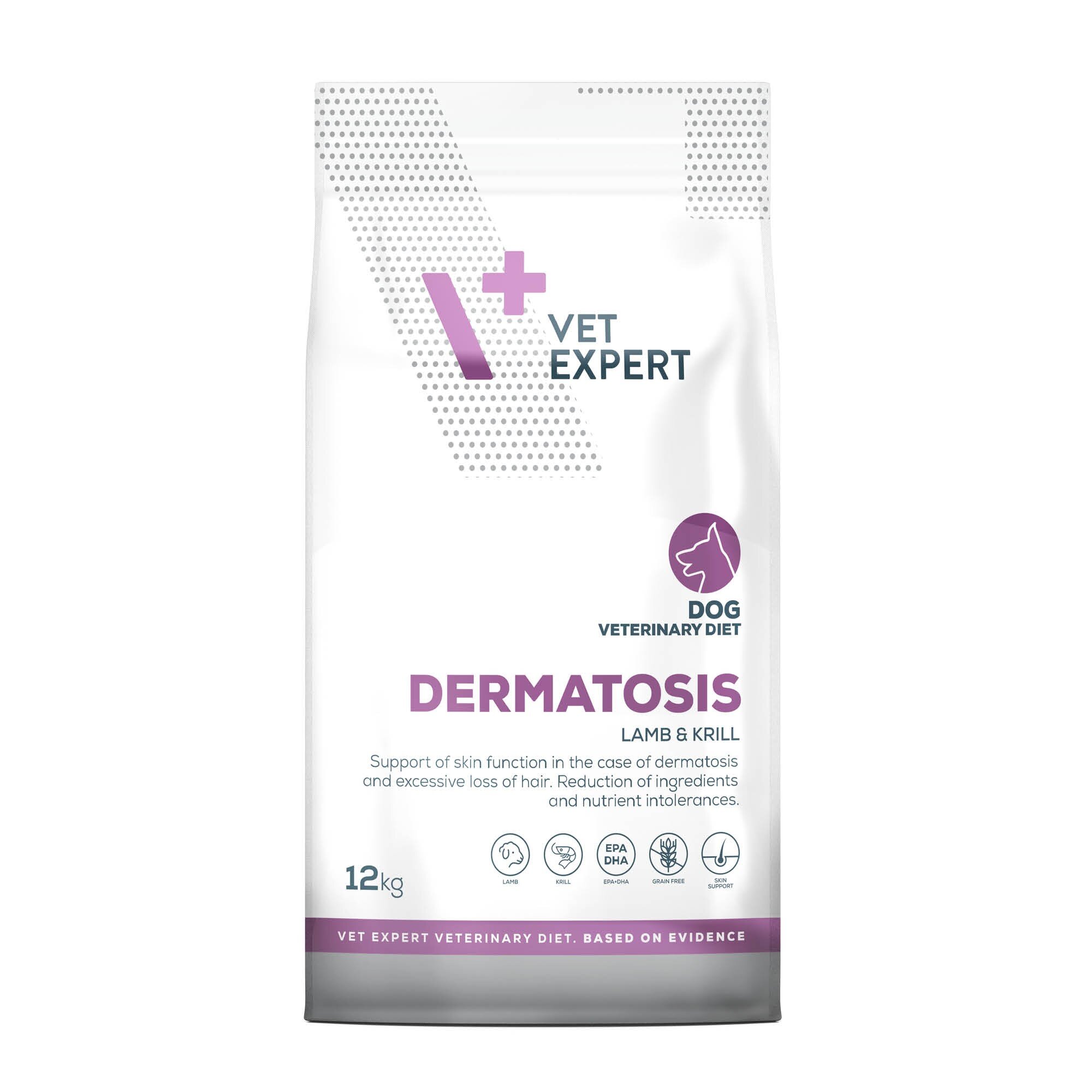 Opakowanie suchej karmy weterynaryjnej dla psów marki Vet Expert o nazwie \'Dermatosis Lamb & Krill\'. Na opakowaniu widnieje tekst: \'Support of skin function in the case of dermatosis and excessive loss of hair. Reduction of ingredients and nutrient intolerances.\'