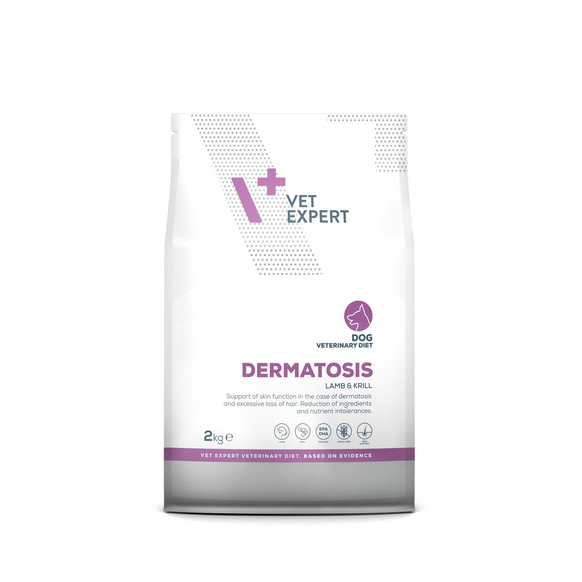 Opakowanie suchej karmy weterynaryjnej dla psów o nazwie \'Vet Expert Dermatosis Dog Lamb & Krill\', waga 2 kg. Na opakowaniu widoczne są napisy: \'Support of skin function in the case of dermatosis and excessive loss of hair. Reduction of ingredients and nutrient intolerances.\'