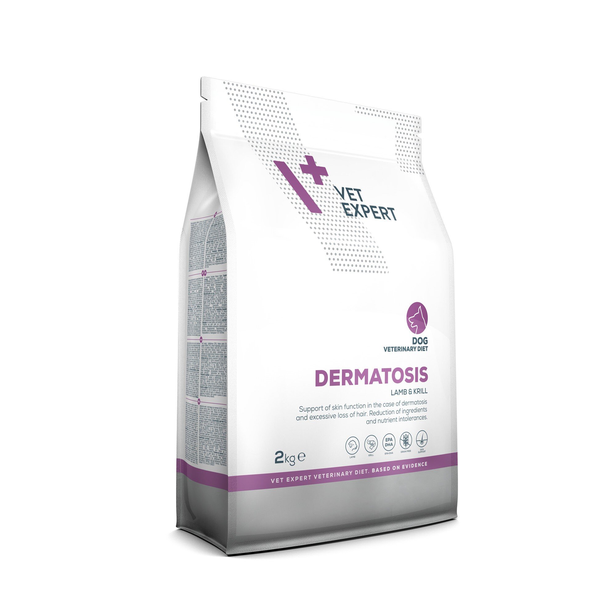 Opakowanie suchej karmy weterynaryjnej dla psów marki Vet Expert o nazwie Dermatosis Dog Lamb & Krill, 2 kg. Na opakowaniu widoczne są informacje o wsparciu funkcji skóry oraz logo producenta Vet Expert.