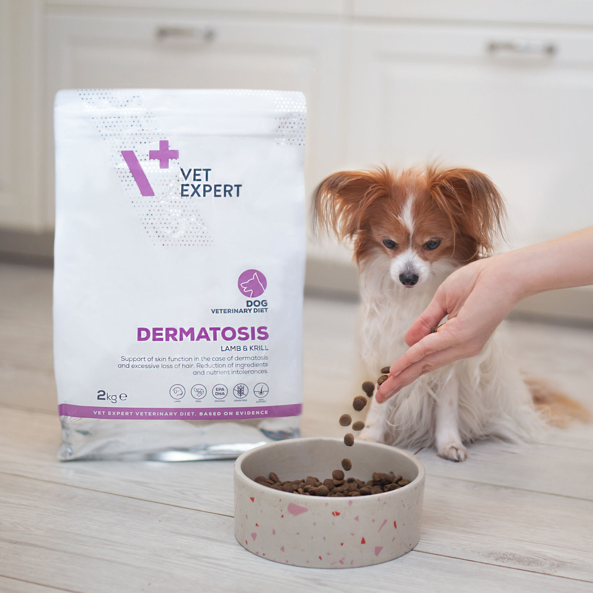 Na obrazie widoczna jest torba z karmą dla psów marki Vet Expert z napisem \'DERMATOSIS LAMB & KRILL\'. Obok znajduje się miska z karmą, do której ktoś wsypuje granulat, a w tle siedzi pies.