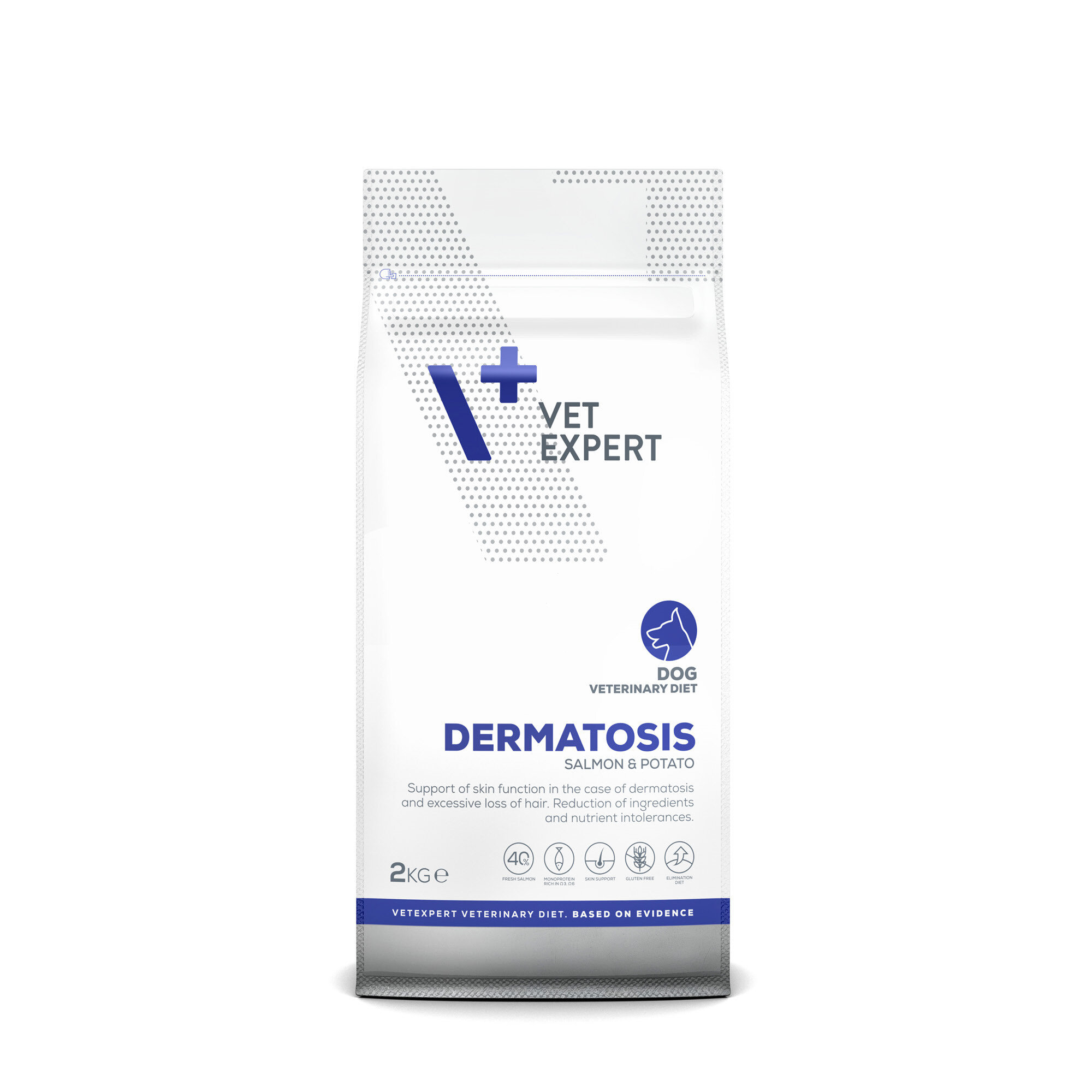 Opakowanie suchej karmy weterynaryjnej dla psów marki Vet Expert o nazwie Dermatosis Salmon & Potato, waga 2 kg. Na opakowaniu widoczne są napisy: \'Support of skin function in the case of dermatosis and excessive loss of hair. Reduction of ingredient and nutrient intolerances.\'