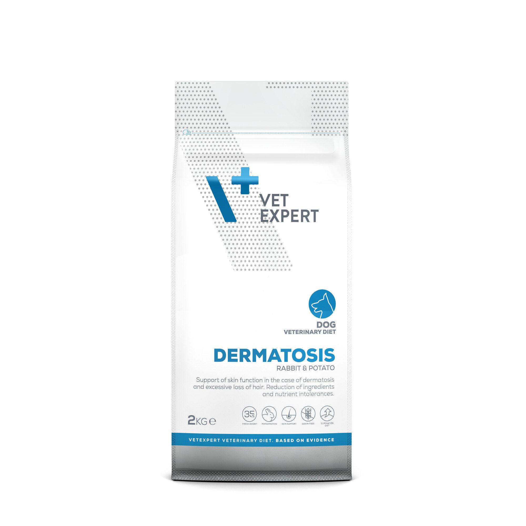 Opakowanie suchej karmy weterynaryjnej dla psów marki Vet Expert o nazwie \'Dermatosis Rabbit & Potato\'. Na opakowaniu widnieje tekst: \'Support of skin function in the case of dermatosis and excessive loss of hair. Reduction of ingredients and nutrient intolerances. 2kg\'.
