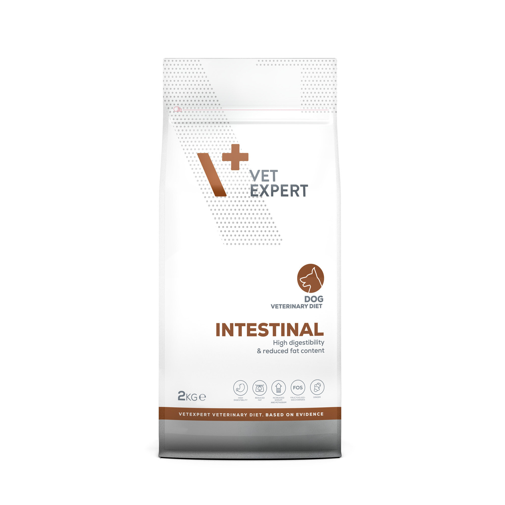 Opakowanie suchej karmy weterynaryjnej dla psów marki Vet Expert o nazwie \'Intestinal\'. Na opakowaniu widnieje napis \'High digestibility & reduced fat content\' oraz informacja o wadze 2 kg.