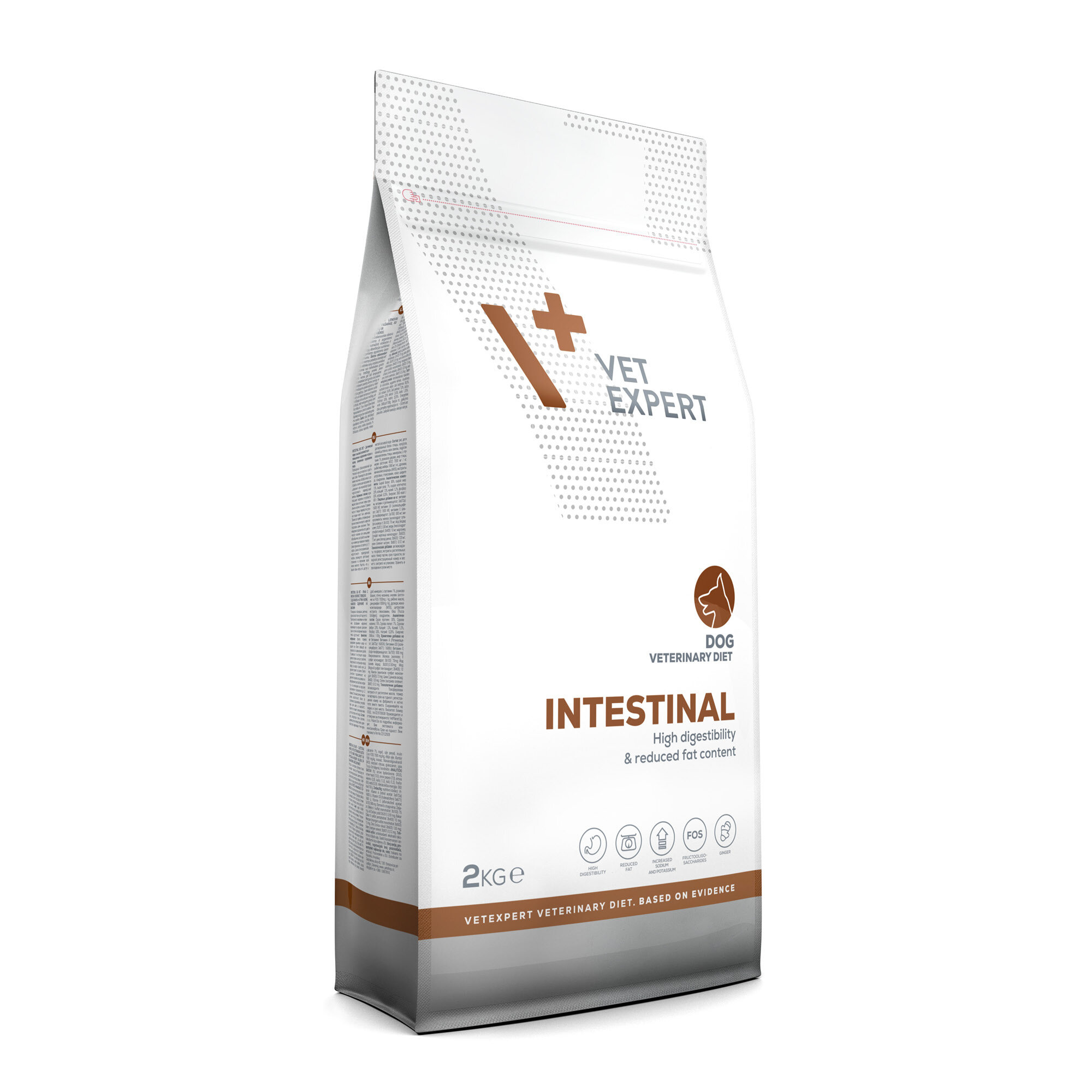 Opakowanie suchej karmy weterynaryjnej dla psów marki Vet Expert o nazwie \'Intestinal\'. Na opakowaniu widnieje napis \'High digestibility & reduced fat content\' oraz ikony związane z cechami produktu.