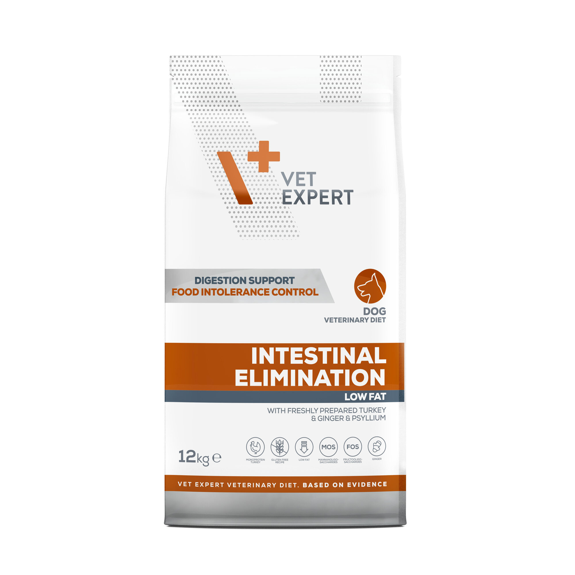 Opakowanie suchej karmy weterynaryjnej dla psów o nazwie \'Vet Expert Intestinal Elimination\'. Na opakowaniu widnieje napis \'DIGESTION SUPPORT FOOD INTOLERANCE CONTROL\' oraz \'LOW FAT\'.