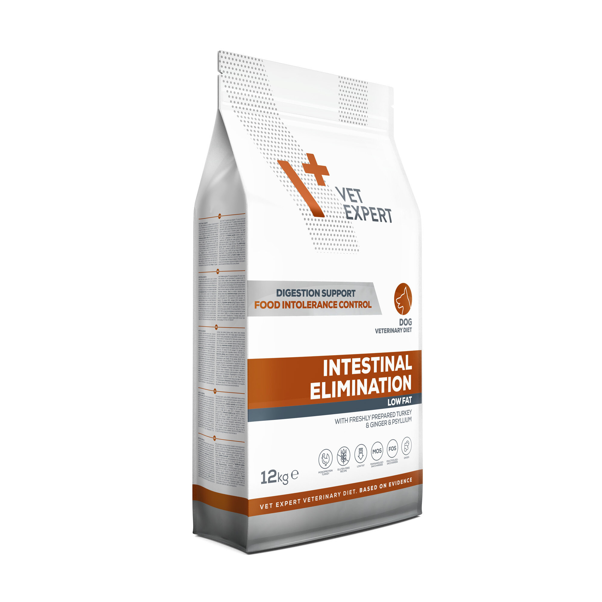 Opakowanie suchej karmy weterynaryjnej dla psów marki Vet Expert o nazwie \'Intestinal Elimination\'. Na opakowaniu widnieje napis \'DIGESTION SUPPORT FOOD INTOLERANCE CONTROL\' oraz \'12kg\'.