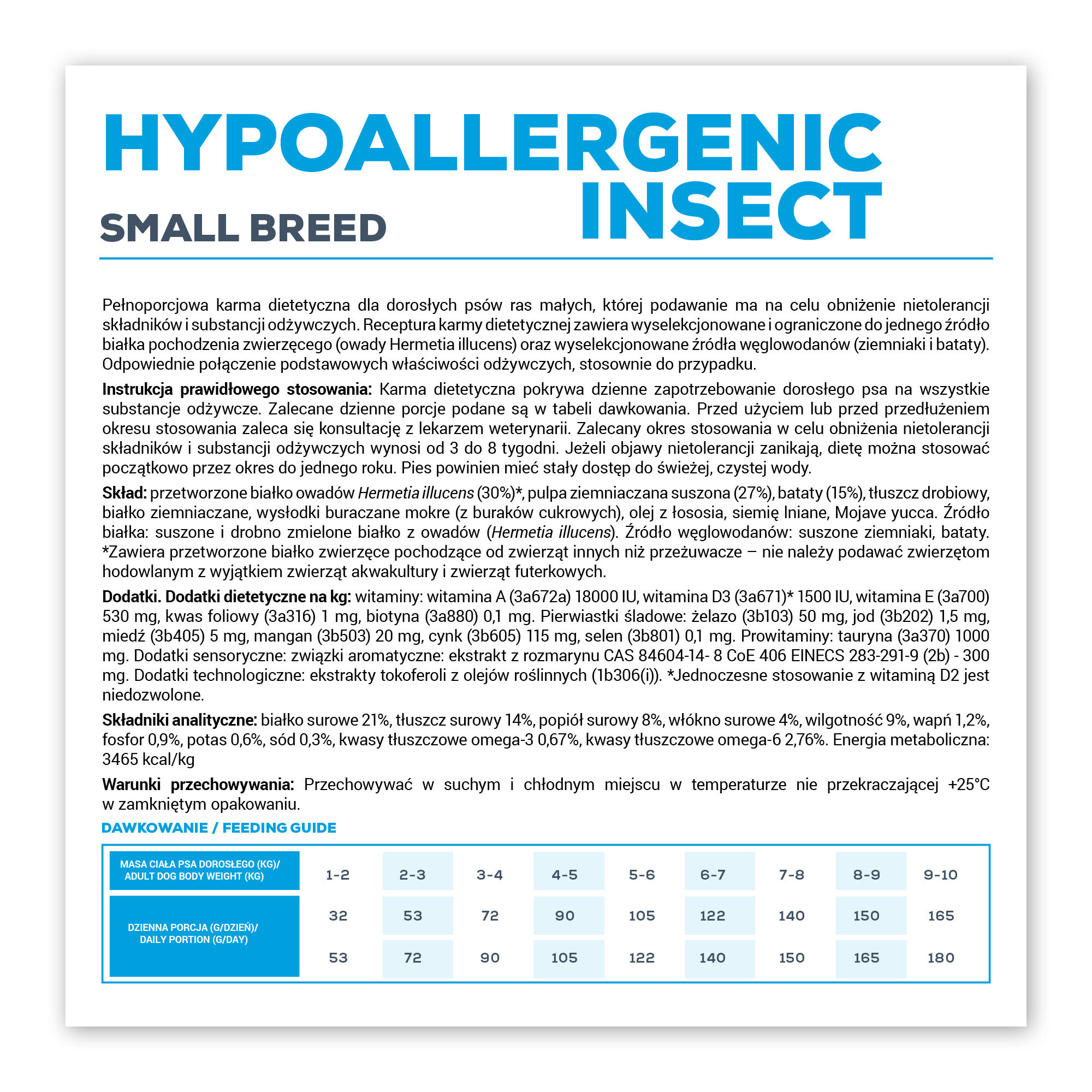 Etykieta produktu \'Hypoallergenic Insect Small Breed\' zawiera szczegółowy opis składu i instrukcje stosowania karmy dla psów małych ras. Widoczna jest tabela dawkowania oraz informacje o warunkach przechowywania.