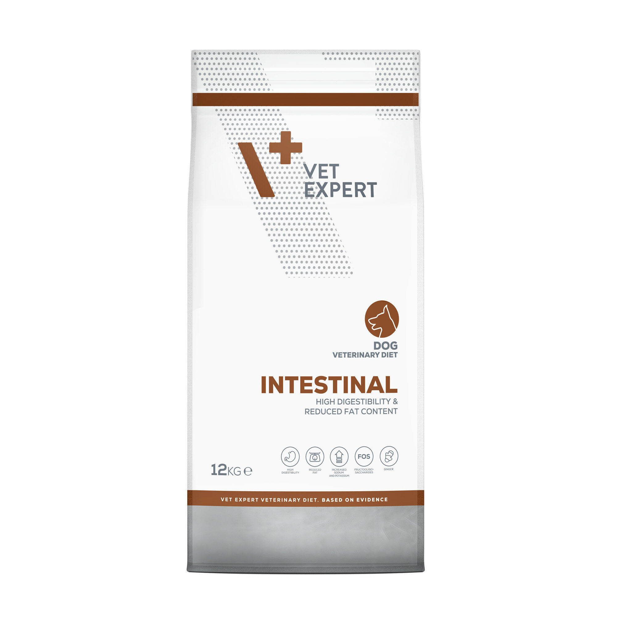 Opakowanie suchej karmy weterynaryjnej dla psów marki Vet Expert o nazwie \'Intestinal\'. Na opakowaniu widnieje napis: \'HIGH DIGESTIBILITY & REDUCED FAT CONTENT\', a waga produktu to 12 kg.
