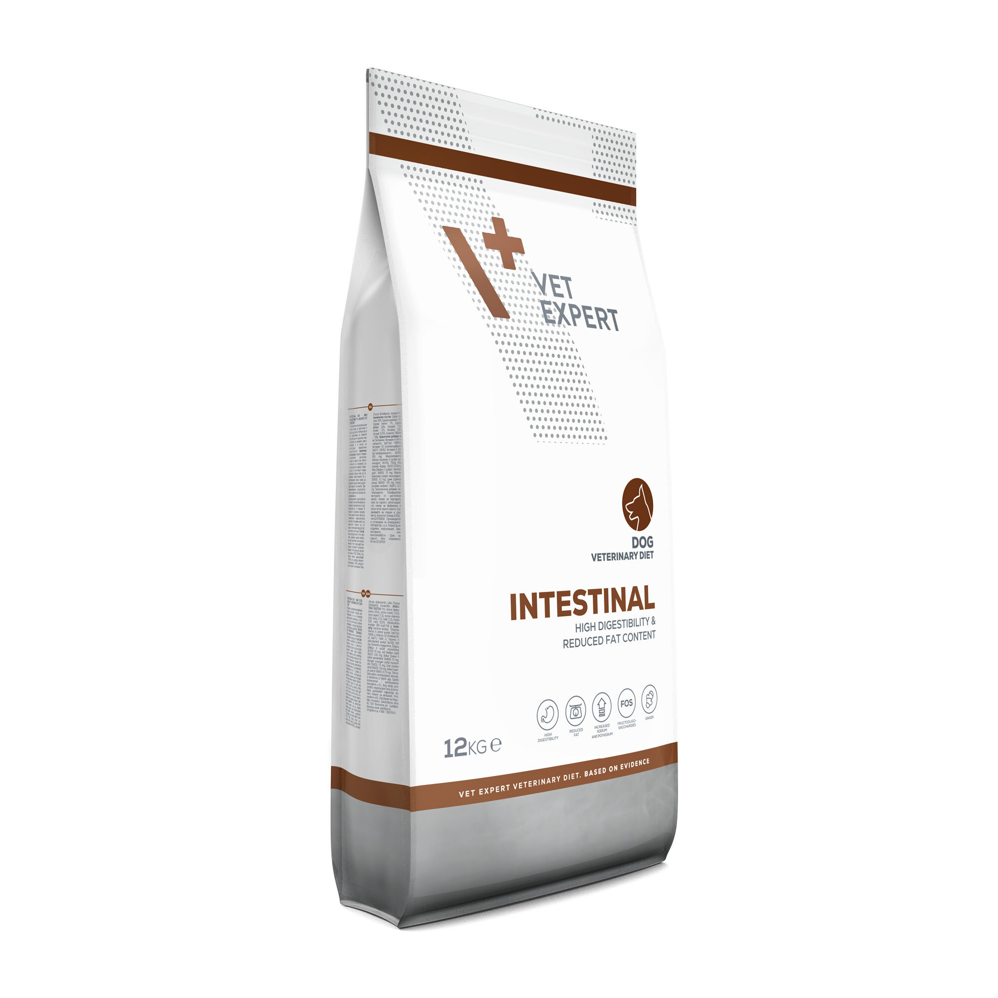 Opakowanie suchej karmy weterynaryjnej dla psów marki Vet Expert, z napisem \'INTESTINAL HIGH DIGESTIBILITY & REDUCED FAT CONTENT\'. Waga produktu to 12 kg.