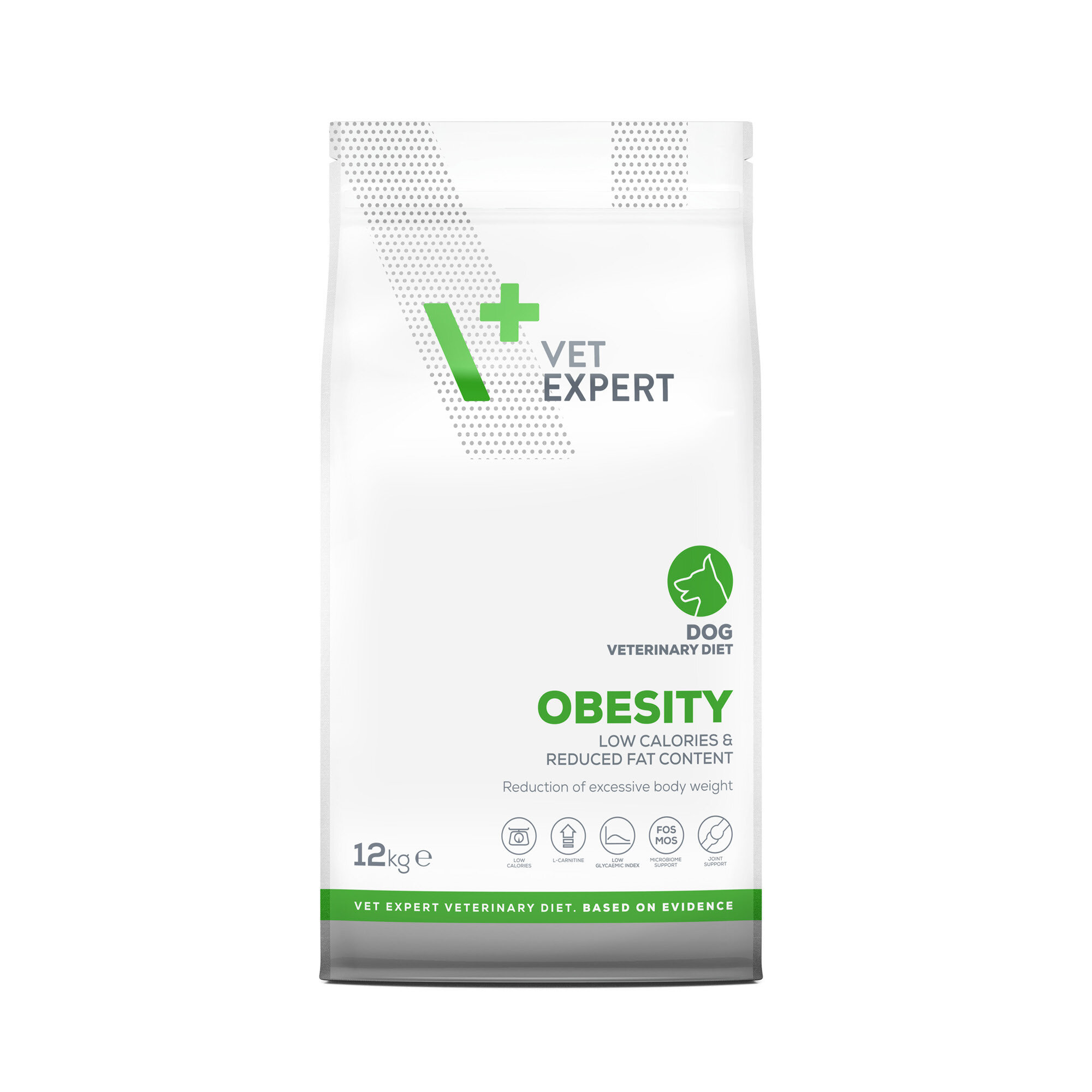Opakowanie suchej karmy weterynaryjnej dla psów marki Vet Expert o nazwie \'Obesity\', przeznaczonej do redukcji nadwagi, o wadze 12 kg. Na opakowaniu widnieje napis: \'LOW CALORIES & REDUCED FAT CONTENT\'.
