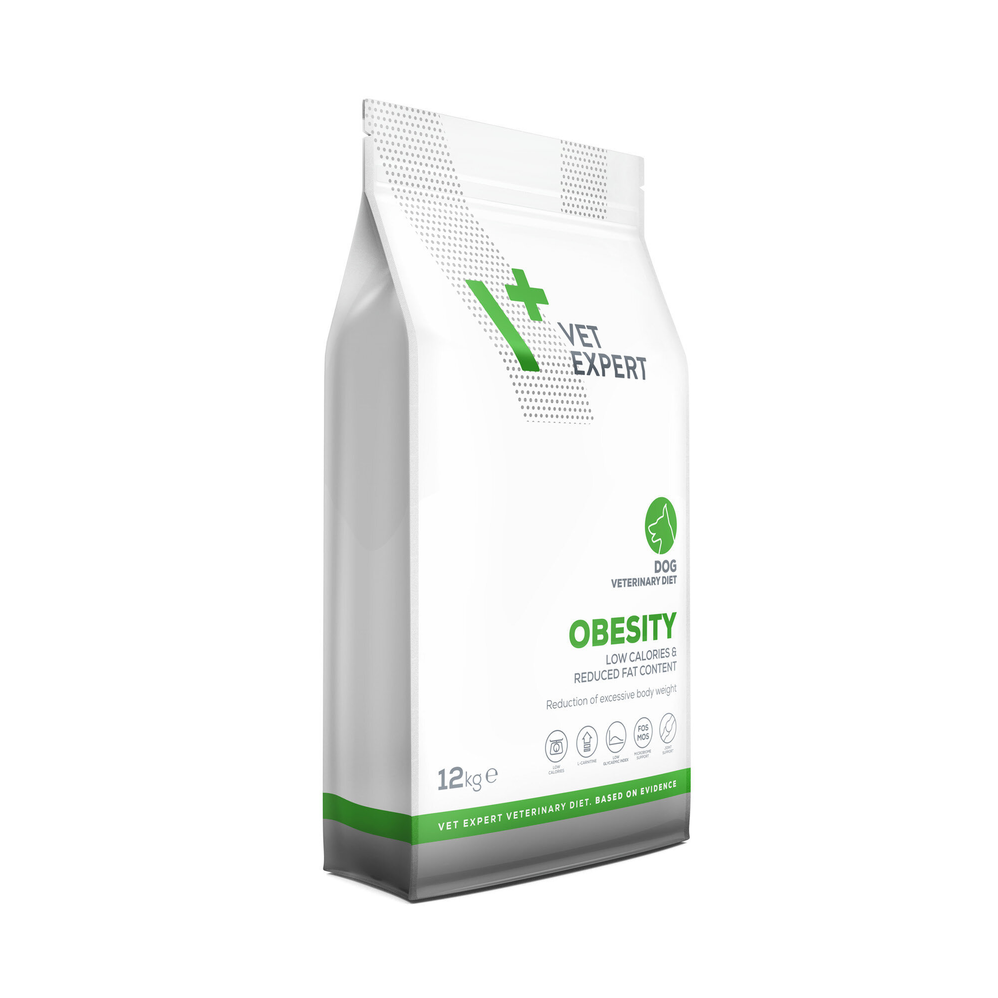 Opakowanie suchej karmy weterynaryjnej dla psów marki Vet Expert o nazwie \'Obesity\', o wadze 12 kg. Na opakowaniu widnieje napis \'LOW CALORIES & REDUCED FAT CONTENT\' oraz logo producenta.