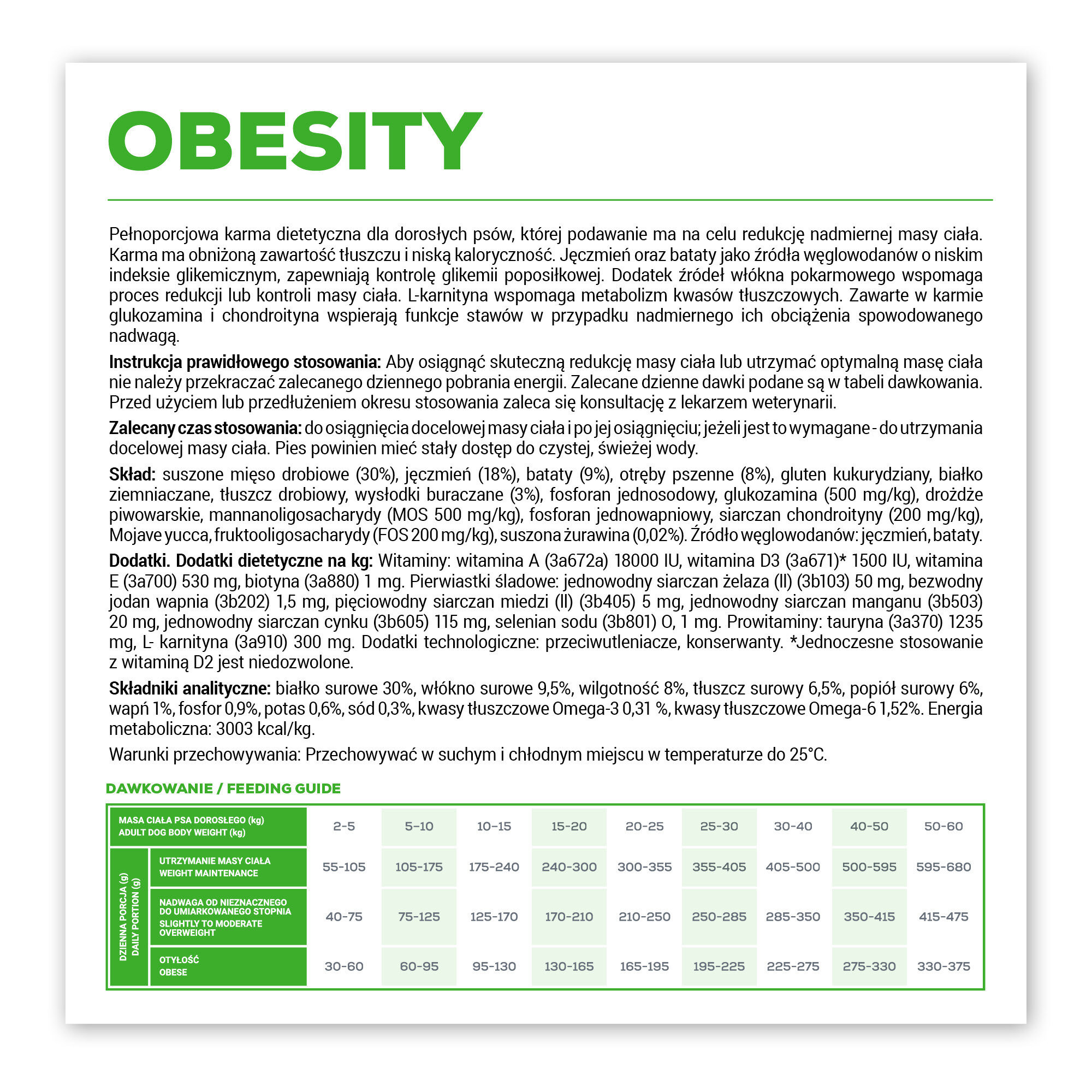Obraz przedstawia etykietę produktu \'OBESITY\', który jest pełnoporcjową karmą dietetyczną dla dorosłych psów. Zawiera szczegółowe informacje o składzie, instrukcji stosowania oraz tabelę dawkowania w języku polskim i angielskim.