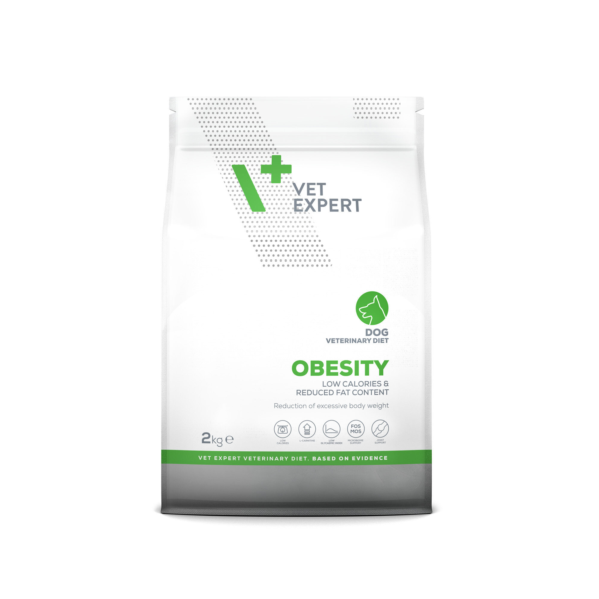 Opakowanie suchej karmy weterynaryjnej dla psów marki Vet Expert o nazwie \'Obesity\'. Na opakowaniu widnieje napis \'LOW CALORIES & REDUCED FAT CONTENT\' oraz \'Reduction of excessive body weight\'.